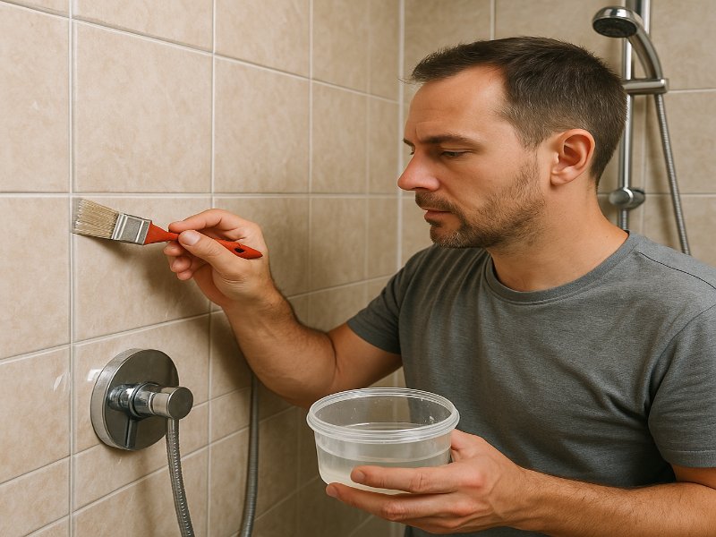 מקלחת עם אריחים אפורים, לאחר איטום. ניתן לראות את הציפוי השקוף על גבי האריחים.
